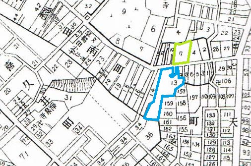 昭和５年の牛込区全図。緑色は漱石が住んだ場所。青色はおそらく田中三四郎の場所