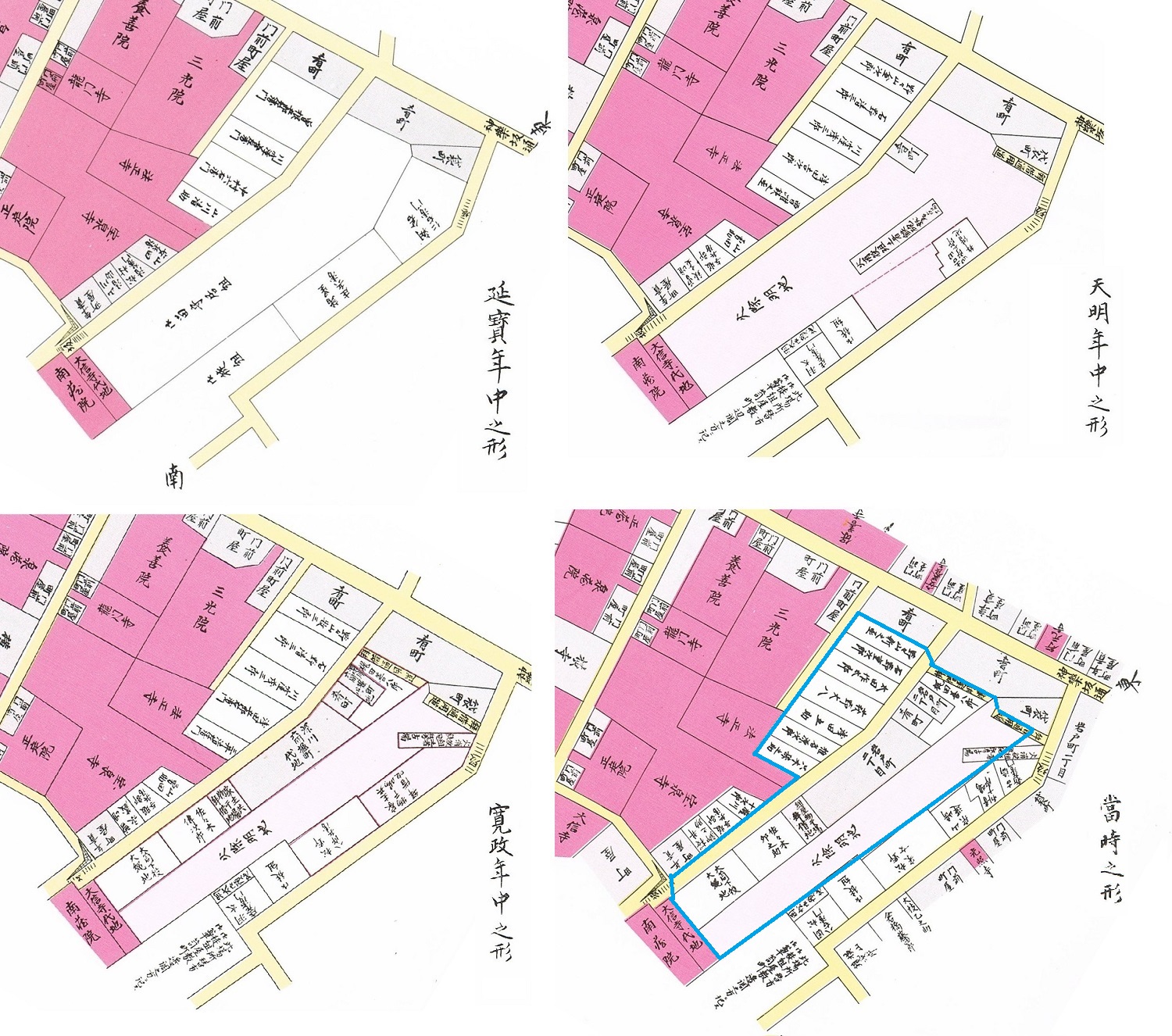 江戸時代の岩戸町。江戸時代の青色の多角形が神社仏閣を除いて明治初期の岩戸町に。左上は延宝年間（1673-81）で留守居があり、右上は天明年間（1781-88）の火除地、左下は寛政年間（1789-1817年）で深川六間堀町の代地が付け加わり、右下は当時（嘉永５年、1852年）。